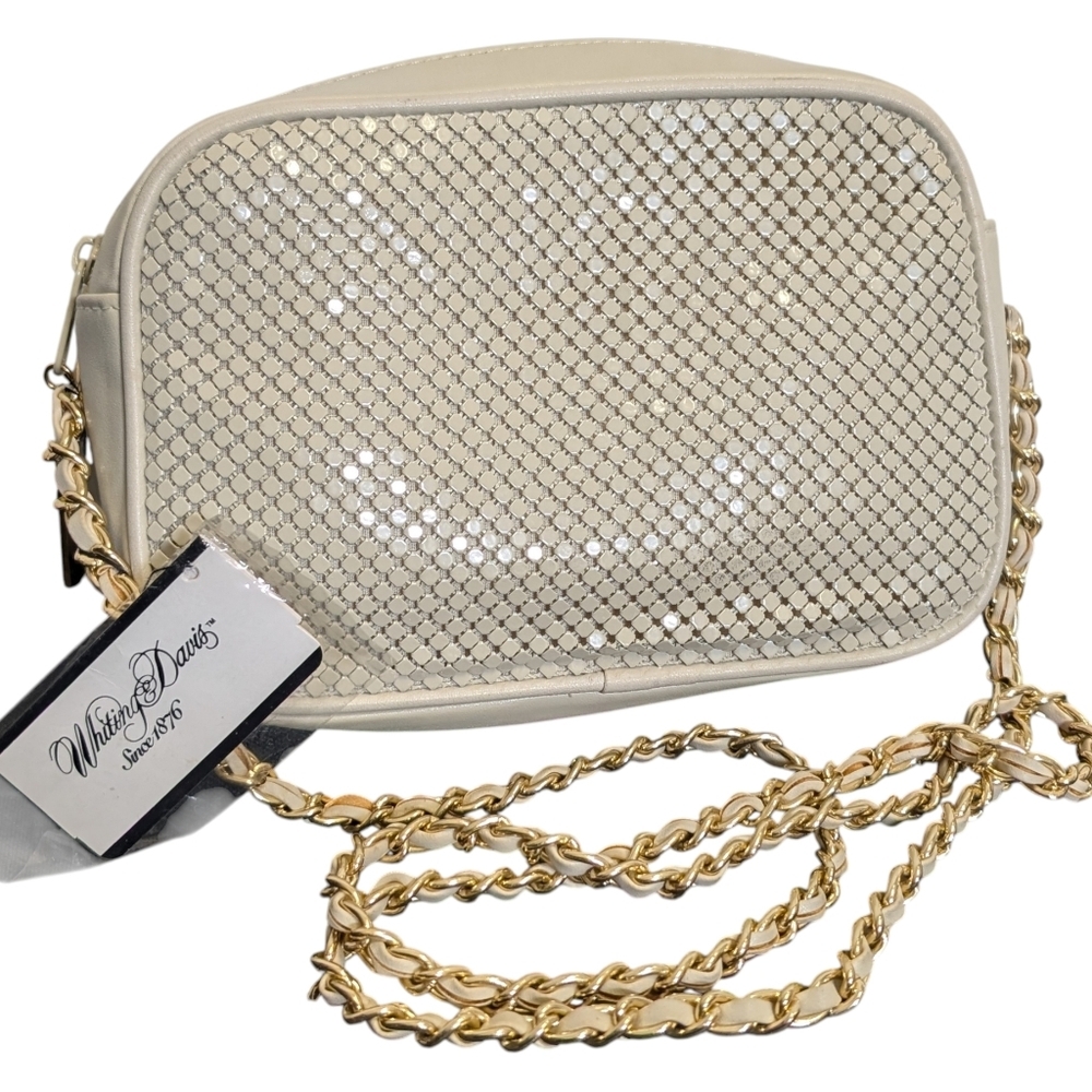 Whiting and Davis mesh purse Shoulder Bag Tan Gold Chain Strap